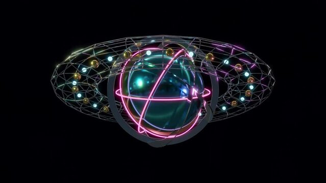 Abstract 3D render futuristic sci-fi construction of shiny sphere lights rings and other objects rotating transforming. Great for scientific, technological, industrial, futuristic, luxury, sci-fi illu