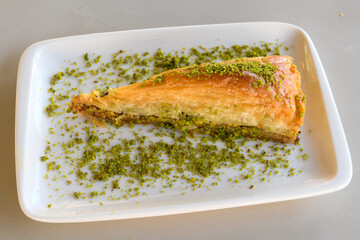 Turkish Dessert Sobiyet  Baklava, mussels baklava and classic baklava with Pistachio . Cevizli, Fistikli Baklava, top view.