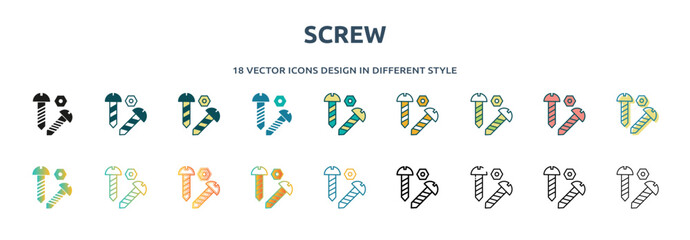 screw icon in 18 different styles such as thin line, thick line, two color, glyph, colorful, lineal color, detailed, stroke and gradient. set of screw vector for web, mobile, ui - obrazy, fototapety, plakaty