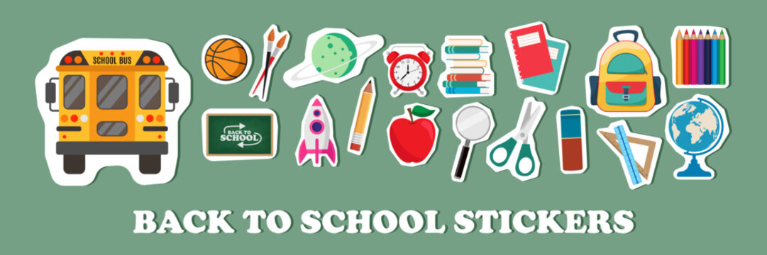 Set of school supplies or back to school and education stickers isolated on green chalkboard. Good for prints, cards and invitations decor, paper crafts, scrapbooking, stationary and products