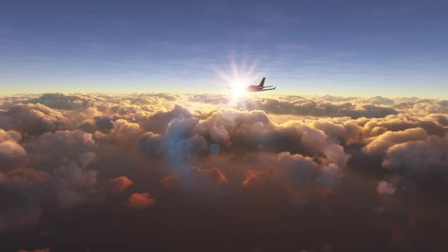 Generic small private airplane flying above clouds at sunset. Aerial view of a plane with one propeller engine traveling above the ocean.