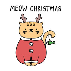 Cartoon cat character with Meow Christmas quote. Doodle vector illustration. Kawaii character design. Happy face.