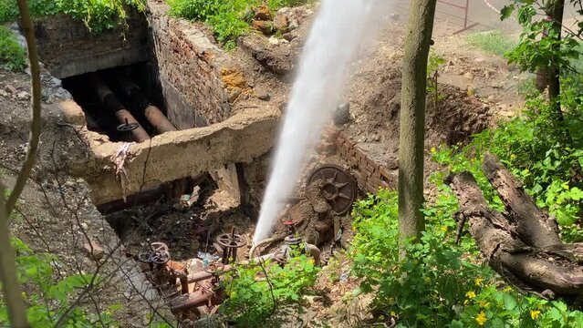 Water burst pipeline damage in Simferopol, Crimea, Russia.