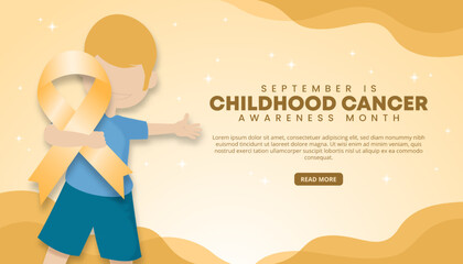 September is childhood cancer awareness day background with a child holding a yellow ribbon - obrazy, fototapety, plakaty