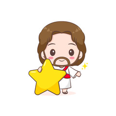 Cute Jesus holding big star. Chibi cartoon character isolated white background.