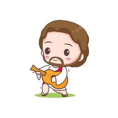 Obraz na płótnie Canvas Cute Jesus playing guitar. Chibi cartoon character isolated white background.