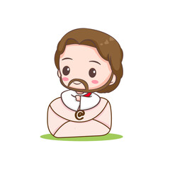 Cute Jesus with envelope. Chibi cartoon character isolated white background.