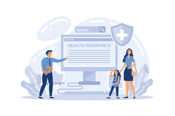 Health insurance concept. Vector illustration. Medical insurance and tiny doctors. Modern flat design graphic elements for websites, web pages, templates, infographics, banners