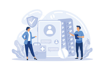 Pharmacy medication concept, online drugstore consultation and pills prescription, vector illustration. Tiny people with medical drugs and bottles, pharmacist assistant, medicine prescription online