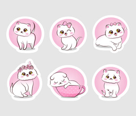 Cute sweet pink kitty in cartoon style, sticker pack. Vector illustration.