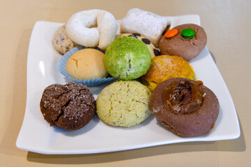 Turkish Dessert Sobiyet  Baklava, mussels baklava and classic baklava with Pistachio . Cevizli, Fistikli Baklava, top view.