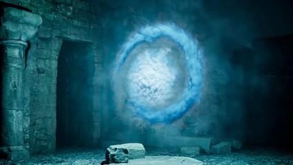 Magic Portal Spell, blue smoke in ruins. Fantastic 3D Illustration