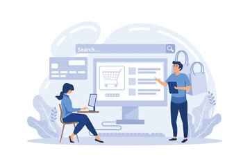 Supply online service or platform. B2B idea, global logistic and transportation service. Company as a customer. Online procurement. Flat vector illustration