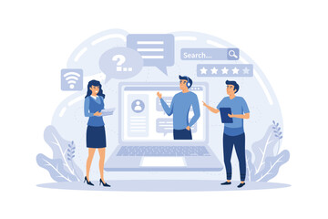 Concept customer and operator, online technical support 24-7 for web page. male hotline operator advises client. Online assistant, virtual help service for business.