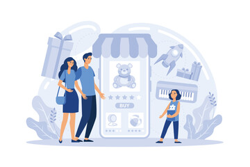 Online shopping web banner concept. E-commerce, customer on the sale. App on mobile phone. Kids store.