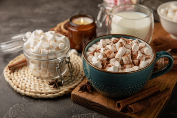 Cup of tasty cocoa drink and marshmallows in blue cup.Spices and marshmallows for winter drinks on...