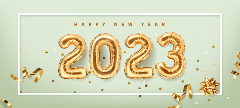 2023 golden decoration holiday on green background. Shiny party background. Gold foil balloons numeral 2023 with realistic festive objects. Happy new year 2023 holiday.