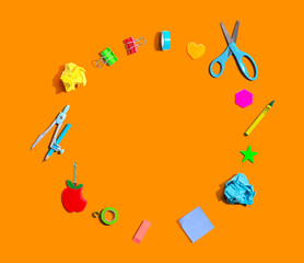Collection of school supplies overhead view - flat lay
