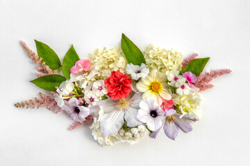 Greeting floral card with various bright flowers. Invitation design with summer flowers. Template for wedding, birthday and Easter. Flowers frame in white background