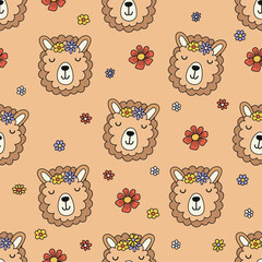 Retro Style Seamless Pattern Design with Animal Faces. Vector illustration.