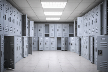 School Locker room with open and closed doors.