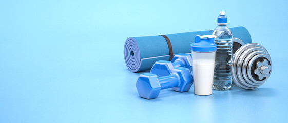 Sport quipment, mat, dumbells and protein shaker  for fitness and gym on blue background.