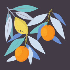 Interior poster, lemon, oranges, branches and leaves on a dark background,gouache effect, vector illustration