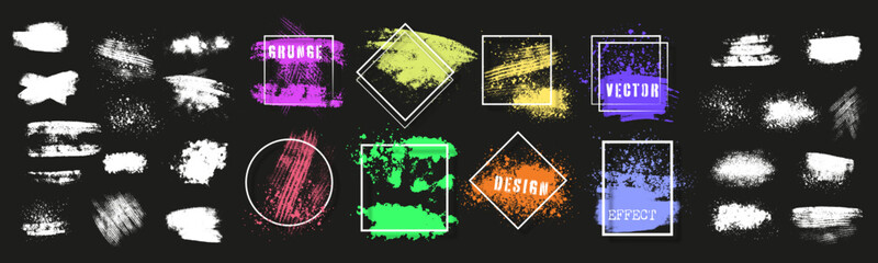 Dirty artistic grunge vector texture. Design elements, boxes and frames for text. Inked splatter dirt stain brushes with drops blots.  Dirty artistic design elements, spray graffiti stencil. 