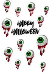 Happy Halloween greeting card. Bloody eyeballs. Isolated cartoon eyes.