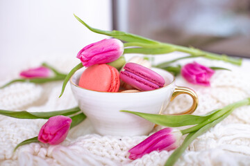 Sweet dessert, macaroons in golden mug and pink tulips on wool background