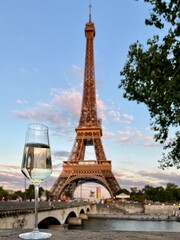 Fototapeta na wymiar Glasses white wine and Eiffel tower city
