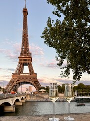 Glasses with white wine and eiffel tower