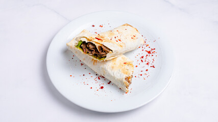 Beef durum kebab isolated. Beef lavash doner kebab