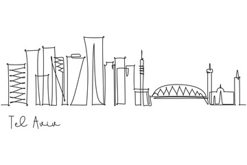 Tel Aviv city skyline simple single continuous line drawing. Travel destination and tourism holiday trip design concept.