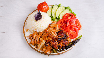 Turkish chicken portion rice doner kebab top view 