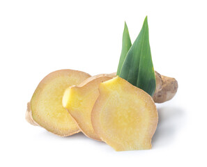 Fresh ginger with slices and leaves isolated on white background