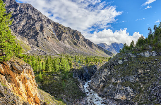 Narrow river canyon in Siberian mountains
