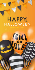 Template banner orange with 3d balloons with faces. Happy Halloween