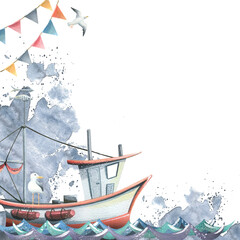 A boat on the waves with seagulls, garlands with flags and watercolor spots. Watercolor illustration. Corner frame for the design and decoration of postcards, information, certificates. © NATASHA-CHU