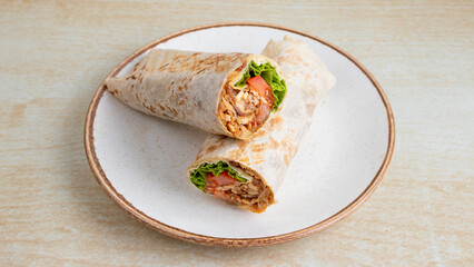 Chicken durum kebab isolated. Chicken lavash doner kebab.