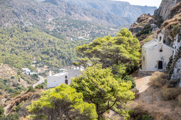 Agios Athanasios, Chora Kythira island Greece. Orthodox church perched in the rocks. Above view
