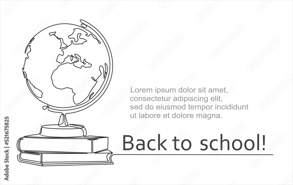 Poster back to school. one continuous line drawing of globe and books stack. study space desk concept. back