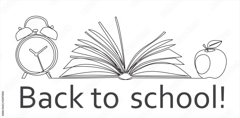 Poster back to school. one continuous line drawing of open book, alarm clock and apple. study space desk co