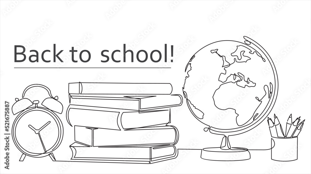 Poster back to school. one continuous line drawing of globe, books stack, alarm clock and pencils. study sp