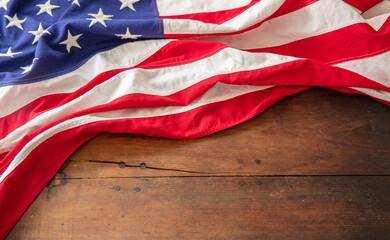 USA Flag on wood, copy space. US America holiday template, overhead