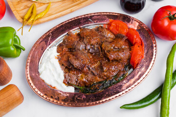 Turkish iskender doner kebab top view 