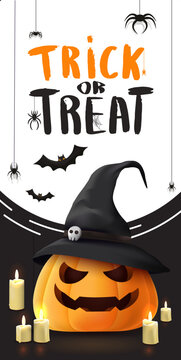 Happy halloween banner with illustration of realistic pumpkins with faces and witch hat.
