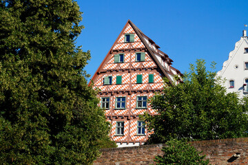 Scenic view of the Ulm City with its beautiful quaint old timber-framed houses in Germany on a fine day in August (Germany, Europe)