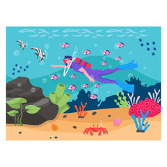 Scuba Diver under sea concept, exploring the sea life vector icon design, wildlife seabed scenery symbol, Tropical Sea Under Water Surface stock illustration, 