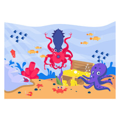 octopus with yellow treasure box on seabed concept,  undersea world with different inhabitants vector icon design, wildlife Scenery symbol, Tropical Sea Under Water Surface stock illustration